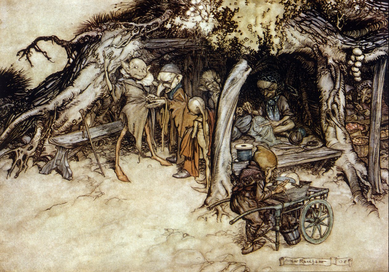 Elvere laver en jakke, Illustration af Arthur RACKHAM (1867-1939) til The Dream of a Summer Night af William SHAKESPEARE af Arthur Rackham