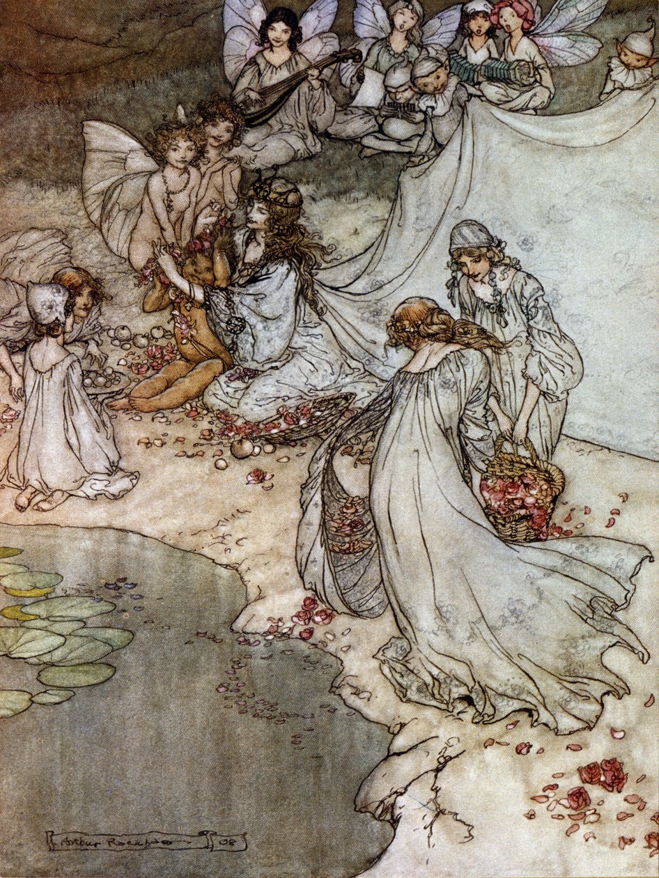 Nisser, der laver rosenhalskæder. Illustration af Arthur RACKHAM (1867-1939) til Drømmen om en sommernat af William SHAKESPEARE af Arthur Rackham