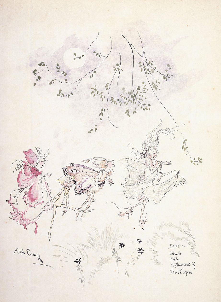 Indtast: Spindelvæv, møl, sennepsfrø & peaseblossom. Illustration til Shakespeares "A Midsummer"s-Night Dream", ca. 1908 af Arthur Rackham