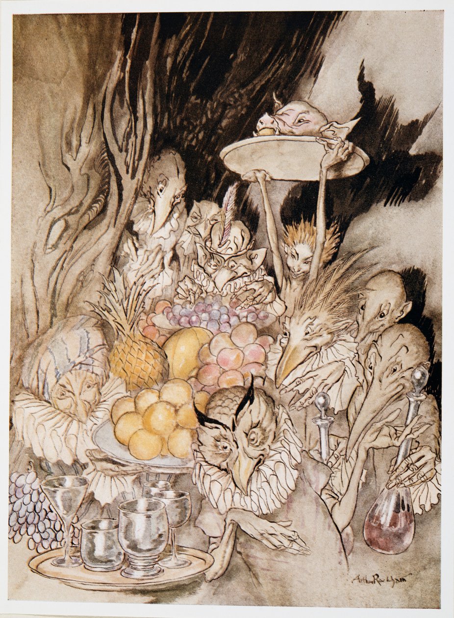 Gå ind i flere mærkelige figurer, medbring en banket ?. inviter kongen osv. til at spise, illustration fra William Shakespeares The Tempest, pub. 1926 af Arthur Rackham