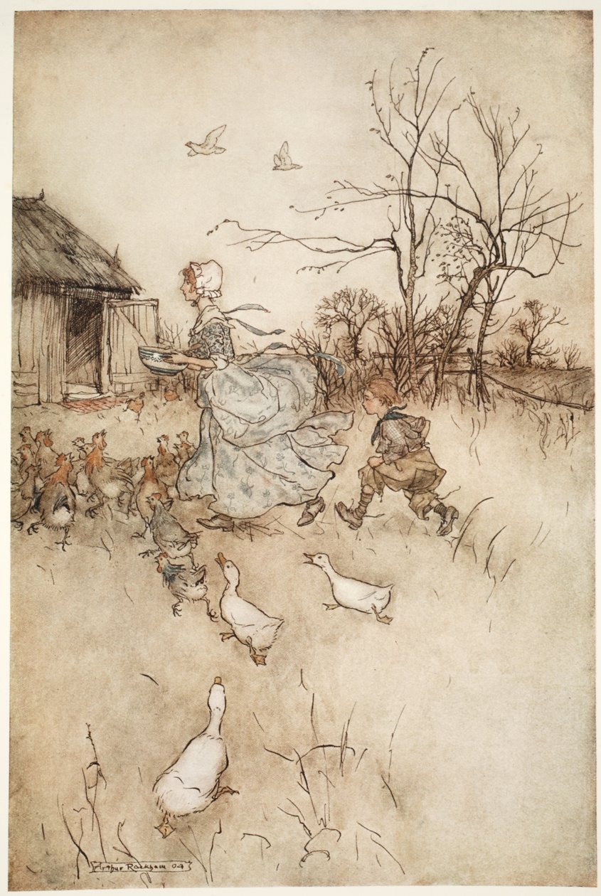 Udstyret i et par af sine fædres afstøbte galligaskind, som han havde lige så meget reklame at holde op med, som en fin dame træner i dårligt vejr., fra Rip Van Winkle ved Washington Irving, pub. 1910 (farve li af Arthur Rackham