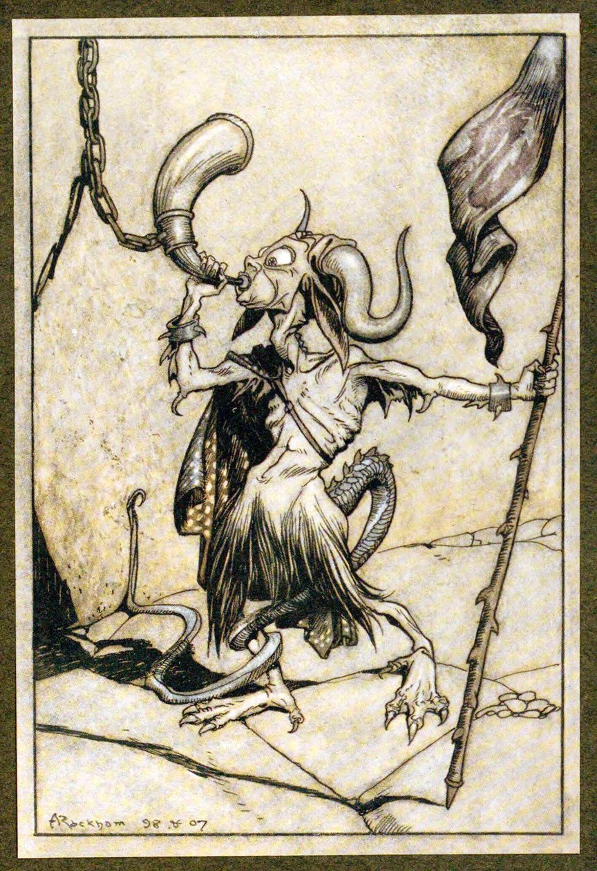 Før hornet ved porten til Barbican Tower blev blæst med en høj tyve-trompeterkraft, 1907 af Arthur Rackham