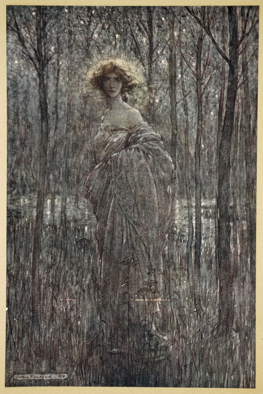 Skønne Helena, som mere optager natten end alle I ildfulde øjne og lysende øjne, illustration fra "Midsommernatsdrømmen" af William Shakespeare, 1908 af Arthur Rackham