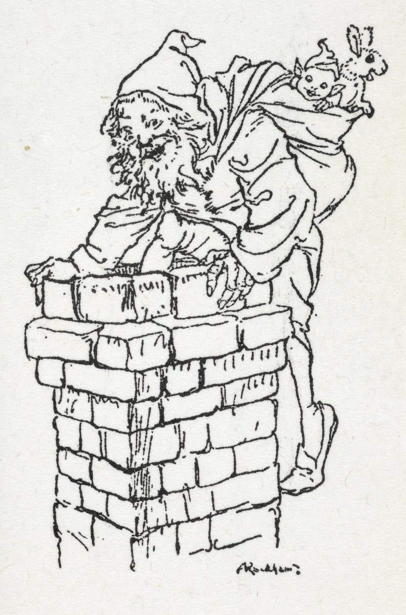 Julemanden klatrer ned af en skorsten med en sæk gaver af Arthur Rackham