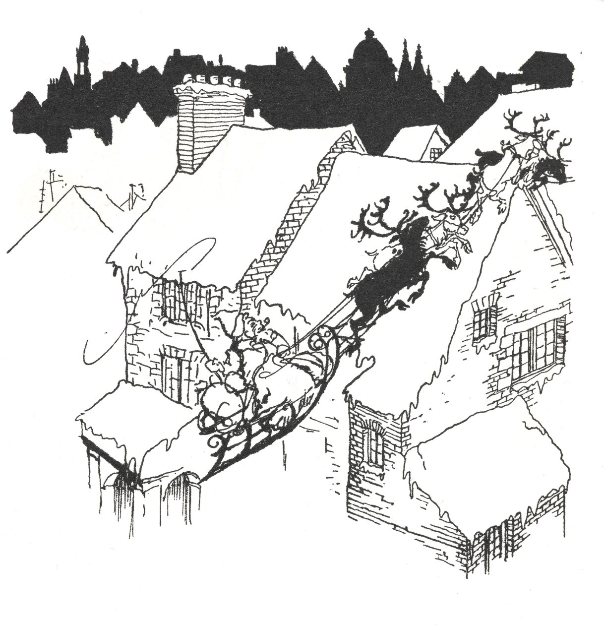 Julemanden i sin slæde, der flyver over snedækkede tage af Arthur Rackham