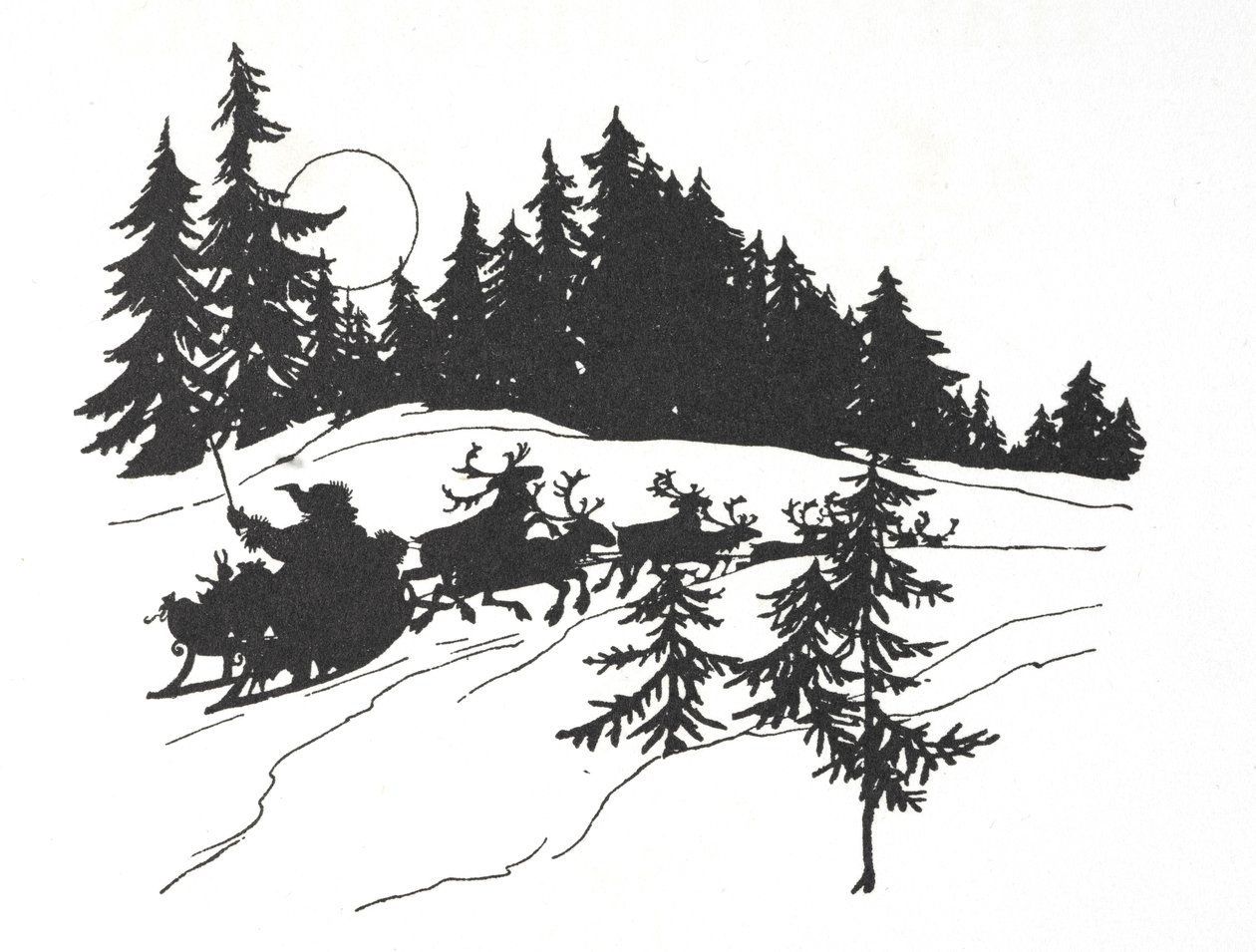 Julemanden rejser gennem en snedækket skov på sin slæde af Arthur Rackham