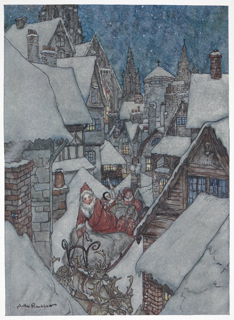Julemanden rejser gennem sneklædte gader på sin slæde af Arthur Rackham
