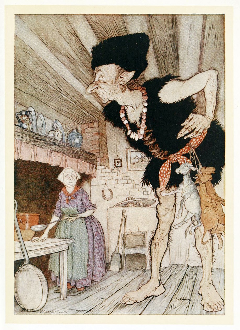 Fee-Fi-Fo-Fum, jeg lugter af en englænder, fra engelske eventyr, pub. 1922 af Arthur Rackham