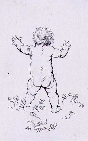 First Footsteps, en illustration fra "The Springtide of Life, Poems of Childhood" af Algernon Charles Swinburne (1837-1909), udgivet. 1918 (pen og blæk) af Arthur Rackham