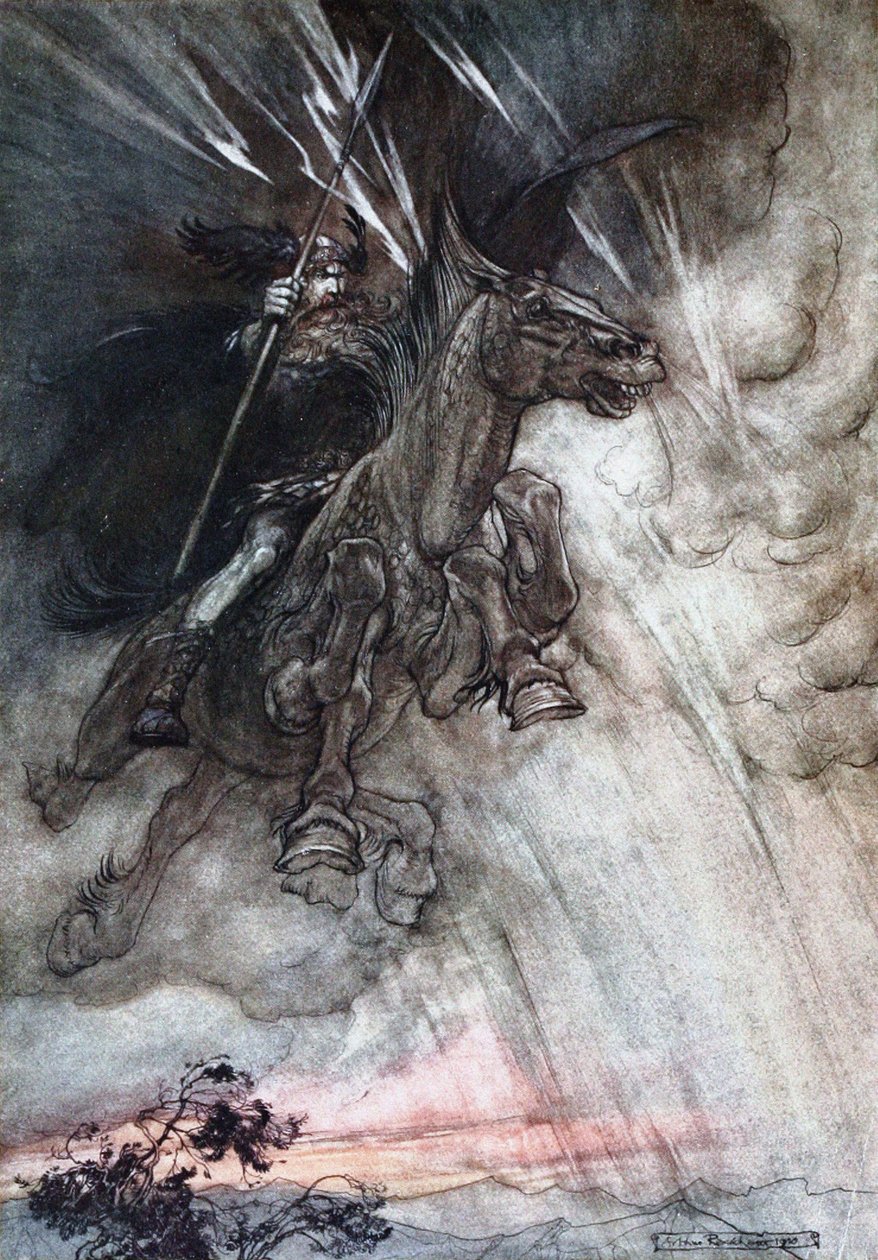 Wotan rider rasende til klippen. Illustration til Rhinegold og Valkyrien af Richard af Arthur Rackham