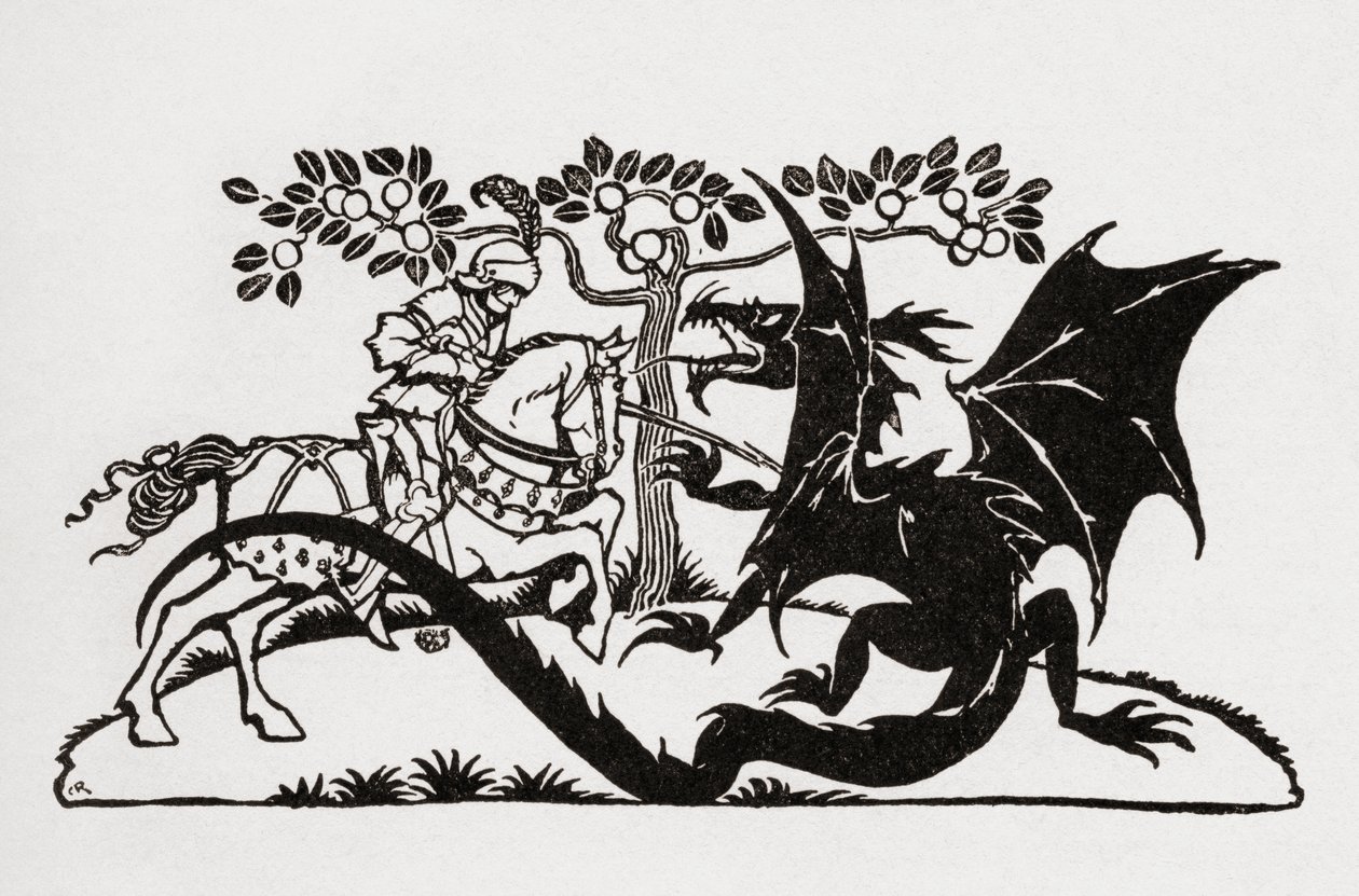 George og dragen. Fra bogen English Fairy Tales genfortalt af F.A. Steel med illustrationer af Arthur Rackham, udgivet 1927. af Arthur Rackham