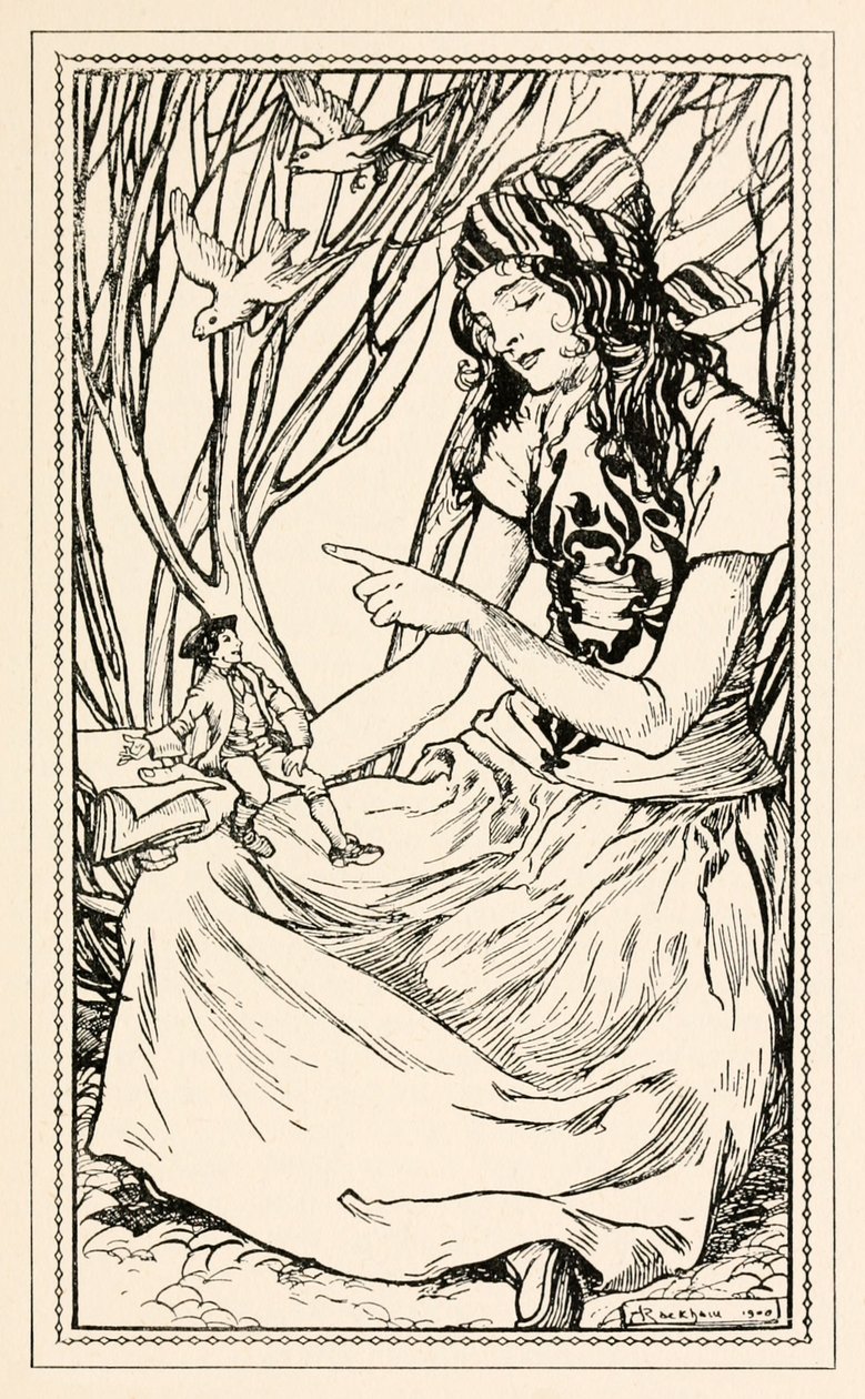 Glumdalclitch lærer Gulliver at læse fra del II: A Voyage to Brobdingnag in Gullivers Travels af Jonathan Swift af Arthur Rackham