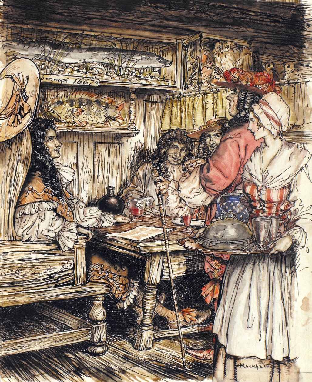 Gå og se på et af kaffehusene i King Street i Westminster, illustration fra The Compleat Angler af Isaac Walton, 1931 (pen & blæk og akvarel på papir) af Arthur Rackham