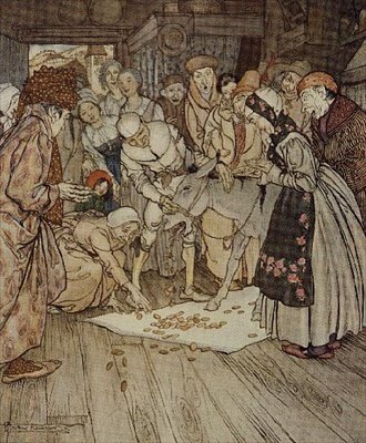 "Guldstykker faldt ned på klædet" illustration til "Vaskebord, guldæsel og knojern" fra Brødrene Grimms eventyr af Arthur Rackham