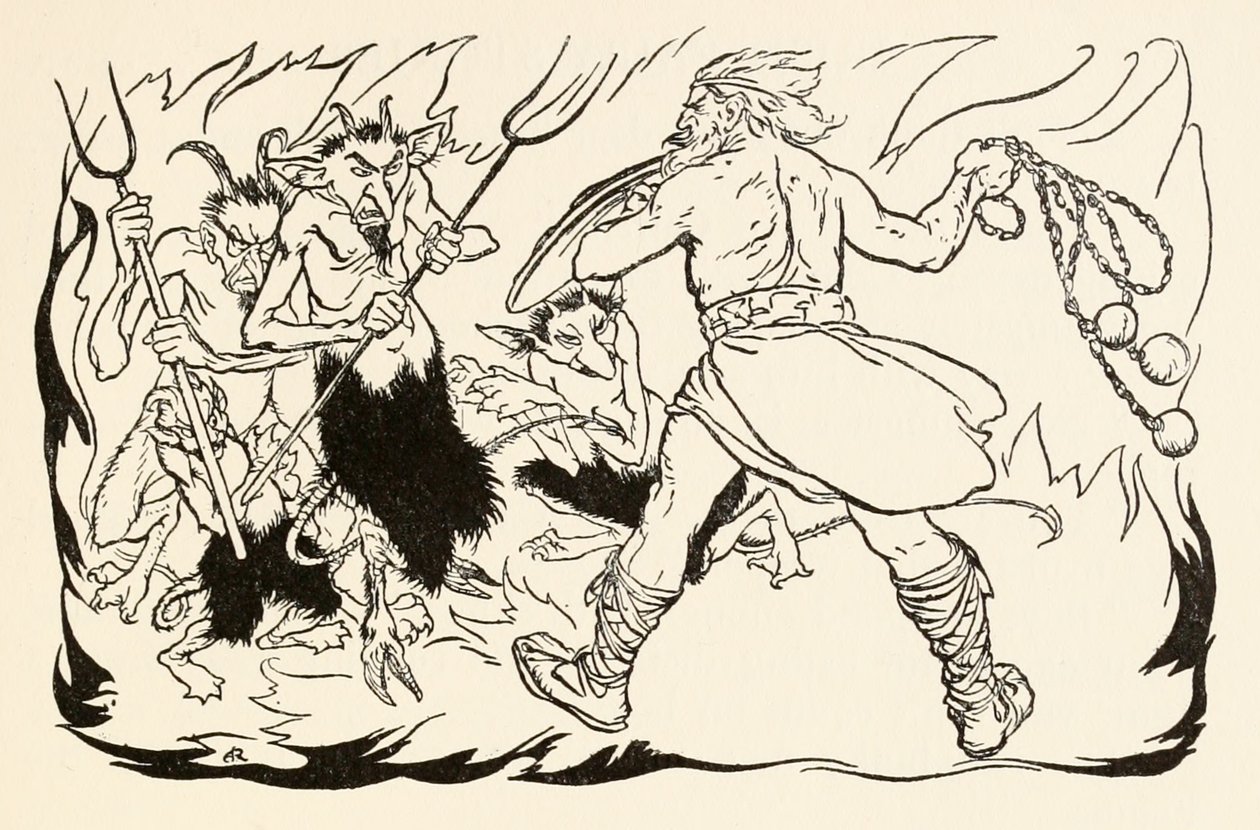 Goll mac Morna angriber helvede for at redde Fionn og Fianna-finnen fra The Little Brawl at Allen i Irish Fairy Tales af Arthur Rackham
