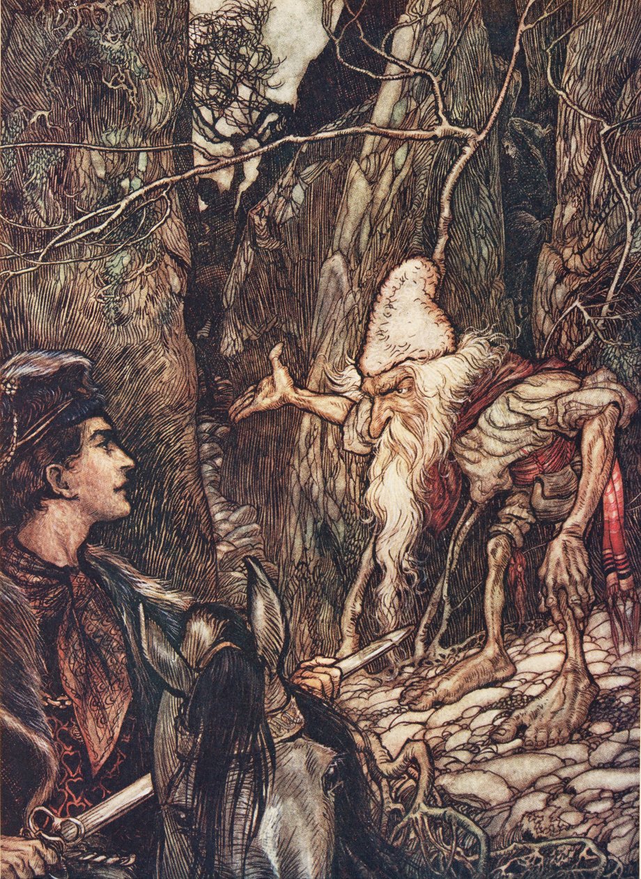 Gode dværg, kan du ikke fortælle mig, hvor mine brødre er? fra The Fairy Tales of the Brothers Grimm, pub. 1909 af Arthur Rackham