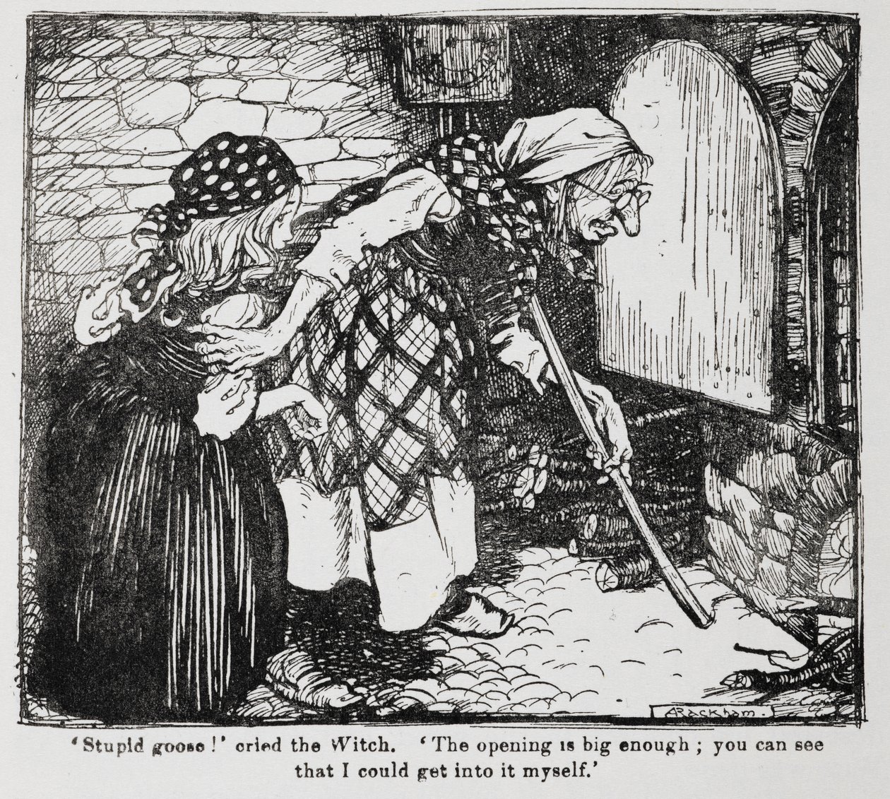 Grete og den gamle heks ved ovnen fra Hansel og Grethel. af Arthur Rackham