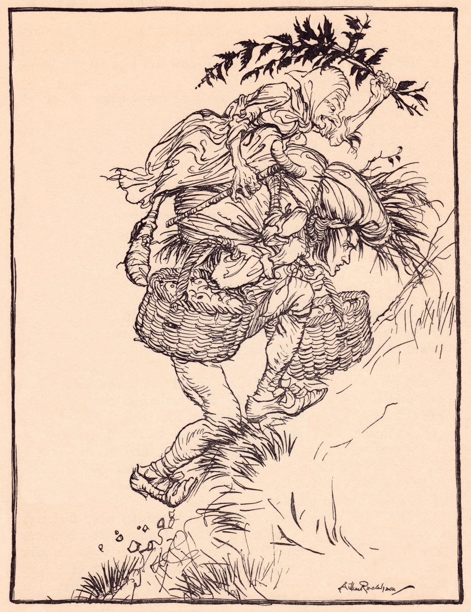 Han stønnede konstant og besteg bjerget. Illustration af Arthur Rackham fra Grimms eventyr, Gåsepigen ved brønden. af Arthur Rackham