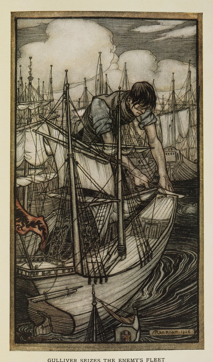 Gulliver fanger fjendens flåde, Illustration fra Gulliver