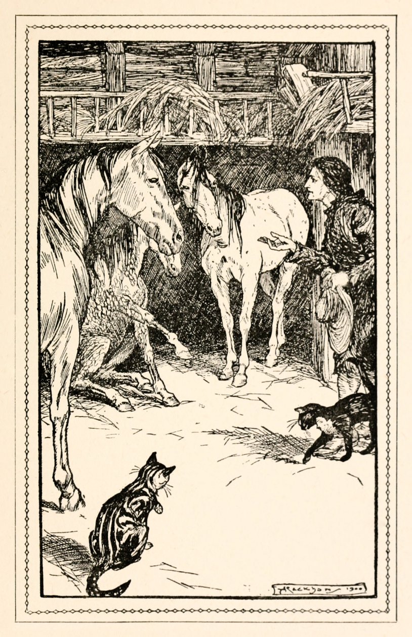 Gulliver har æren af at blive udspurgt af sine mestre gæster fra Del IV: En rejse til Houyhnhnms land i Gullivers Travels af Jonathan Swift af Arthur Rackham