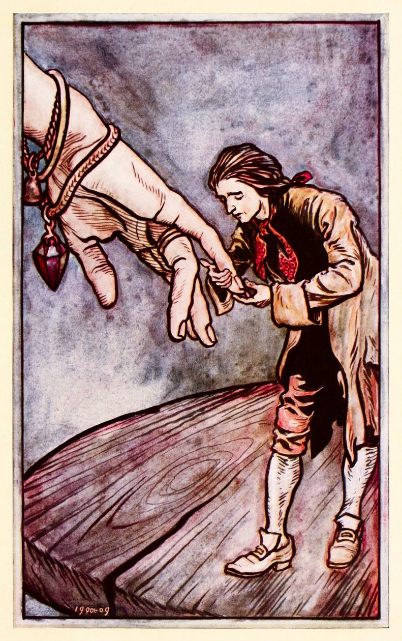 Gulliver kysser dronningen af Brobdingnagian-hånden fra del II: A Voyage to Brobdingnag in Gullivers Travels af Jonathan Swift af Arthur Rackham