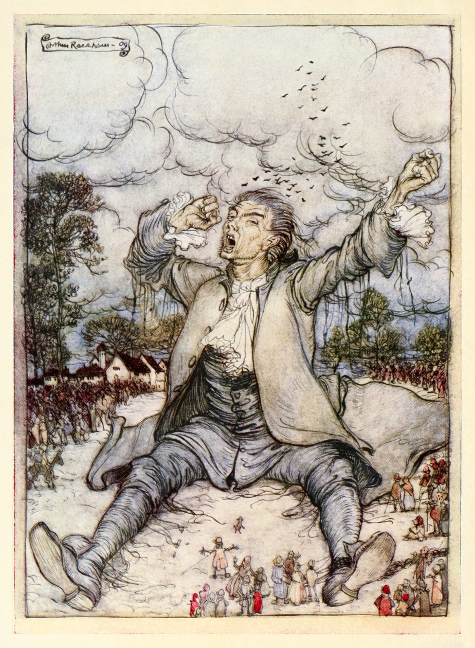Gulliver, der er frigjort fra snorene, rejser sig og strækker sig fra Del I: En rejse til Lilliput i Gullivers Rejser af Jonathan Swift af Arthur Rackham