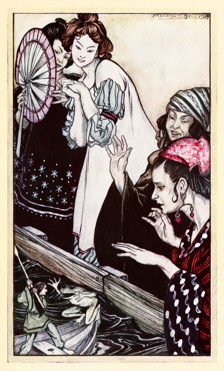 Gullivers møde med frøen fra del II: A Voyage to Brobdingnag i Gullivers Travels af Jonathan Swift af Arthur Rackham