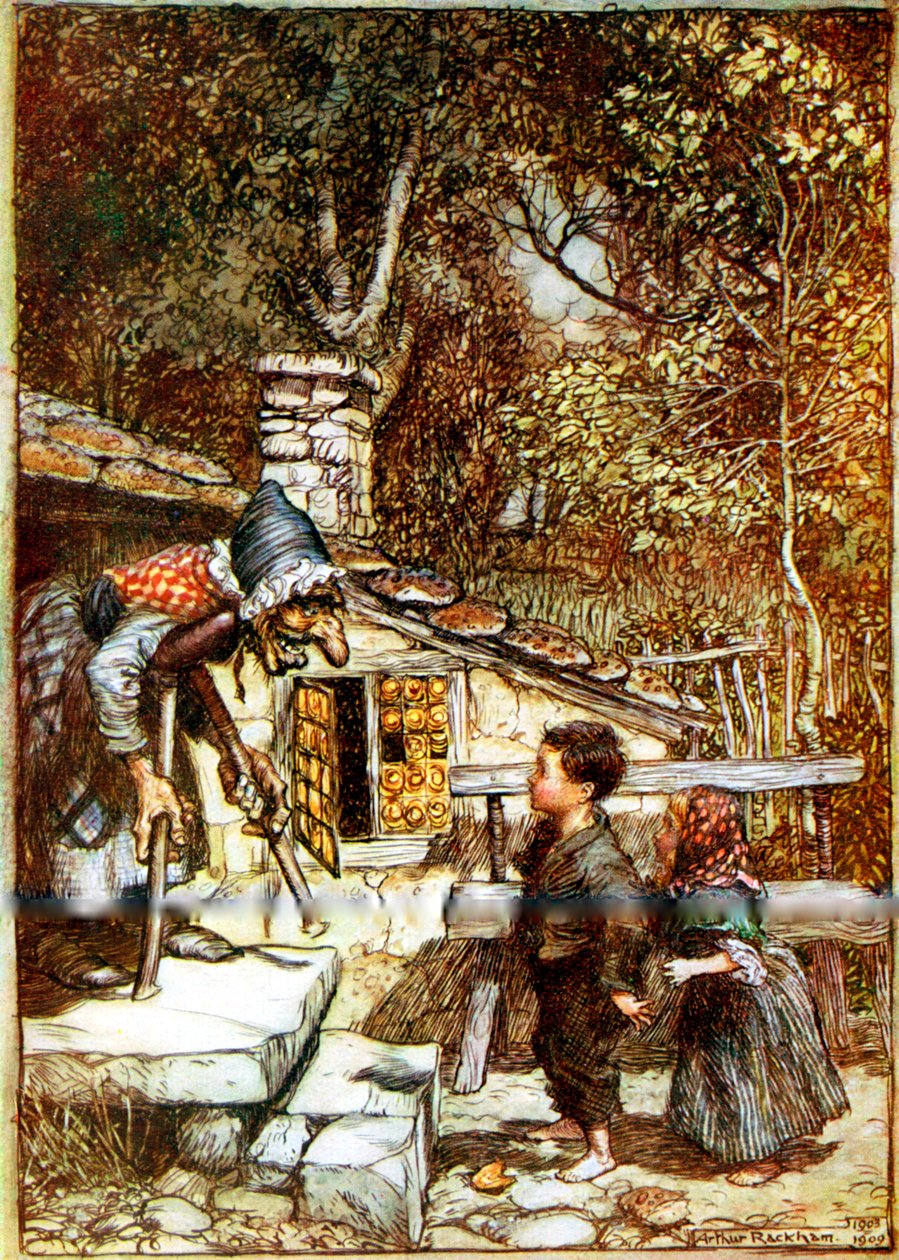 Hans og Grete og heksen på dørtrinnet til hendes sommerhus af Arthur Rackham