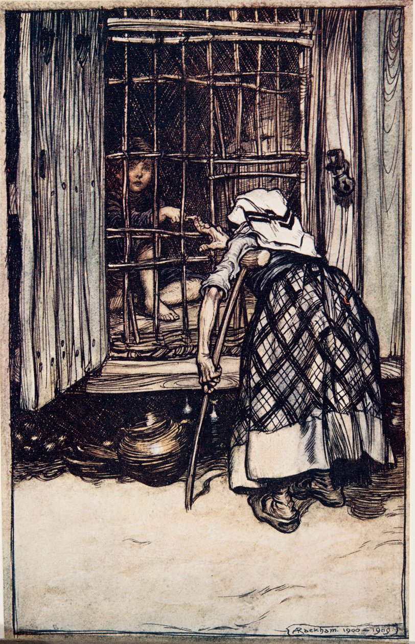Hansel lagde et knoben frem, og den gamle kvinde, hvis øjne var svage, kunne ikke se, og troede, det var hans finger, og hun var meget forbløffet over, at han ikke blev tyk ..fra The Fairy Tales of the B. af Arthur Rackham