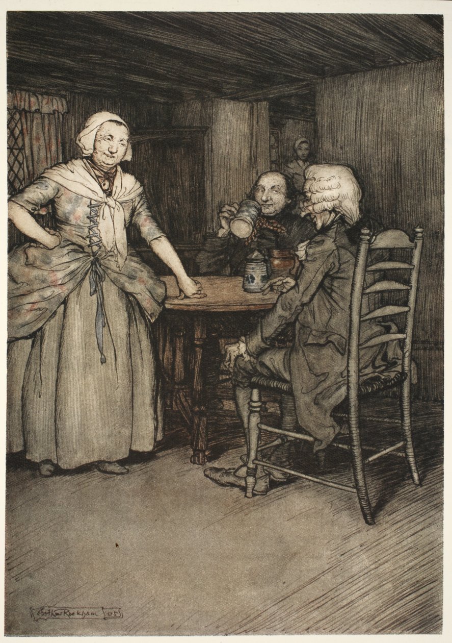 Han fandt de gamle borgere og endnu mere deres hustruer rige på den legendariske kærlighed så uvurderlig for sand historie. fra Rip Van Winkle af Washington Irving, pub. 1910 af Arthur Rackham