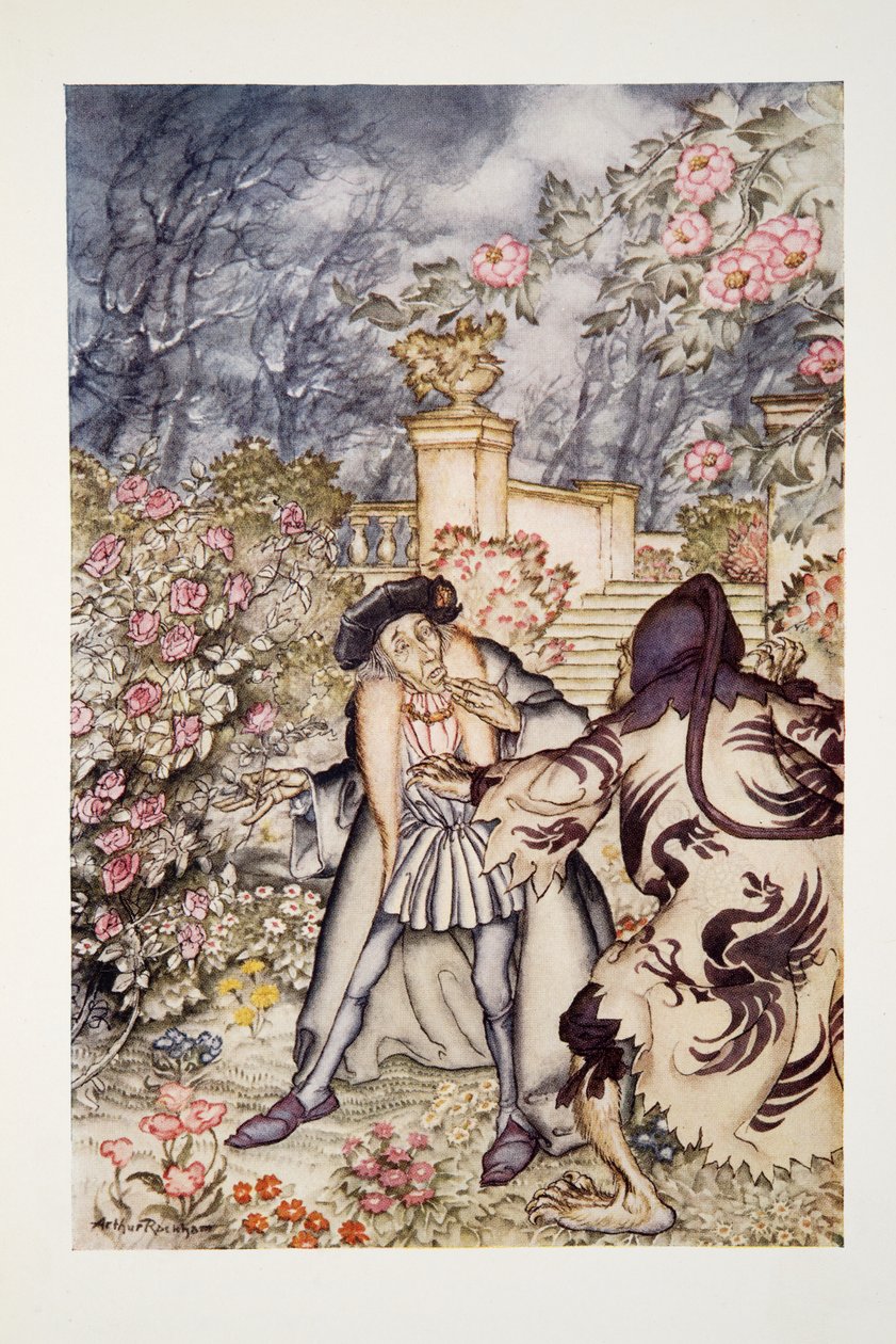 Han hørte en høj lyd og så et udyr komme imod ham, så skræmmende at se på, at han var klar til at besvime af frygt, fra The Arthur Rackham Fairy Book, pub. 1933 af Arthur Rackham