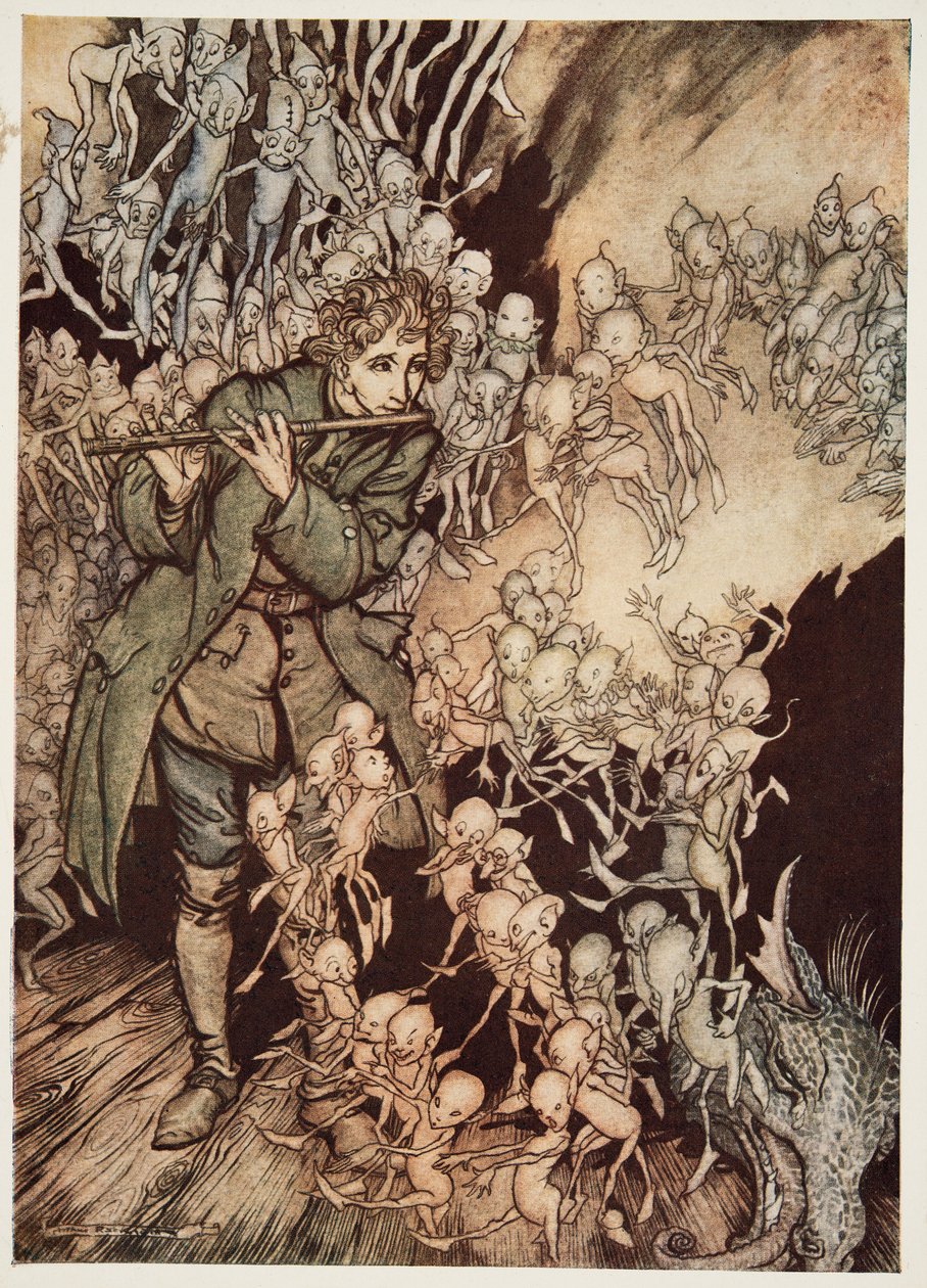 Han spillede, indtil rummet var helt fyldt med nisser, fra Lillebror & Lillesøster og andre fortællinger af brødrene Grimm, pub. 1917 af Arthur Rackham