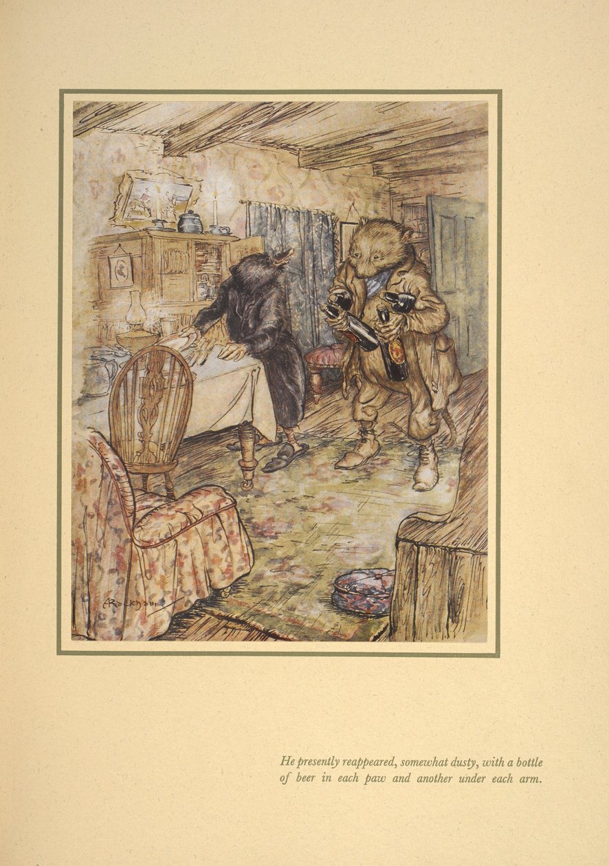 Han dukkede nu op igen, noget støvet, med en flaske øl i hver øl under hver arm«. af Arthur Rackham
