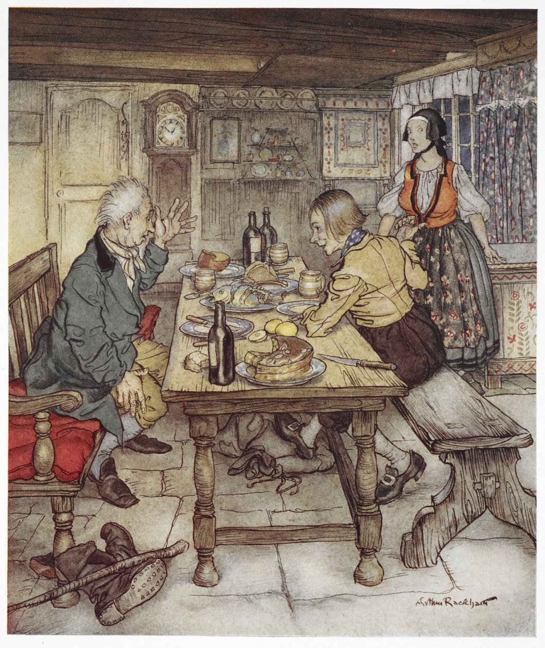 "Han siger, at du må gå hen og åbne kisten i hjørnet, og du vil se djævelen huke sig inde i den". En bonde og en mand kendt som lille Claus sidder ved et bord, mens bondens kone bringer dem mad. Illustration til 