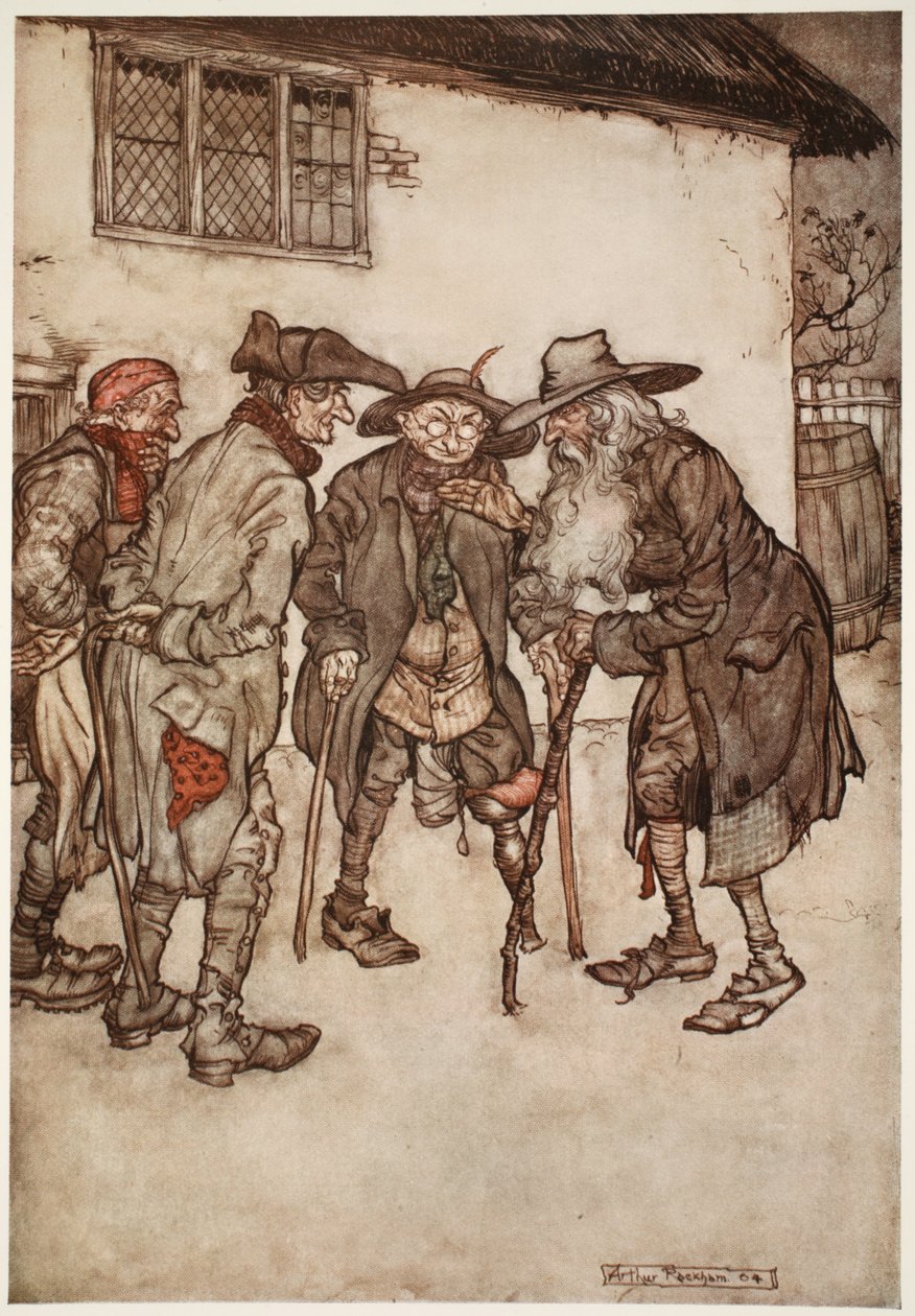 Han fandt hurtigt mange af sine tidligere kumpaner, selv om de alle var desto værre for tidens slid., fra Rip Van Winkle af Washington Irving, pub. 1910 af Arthur Rackham