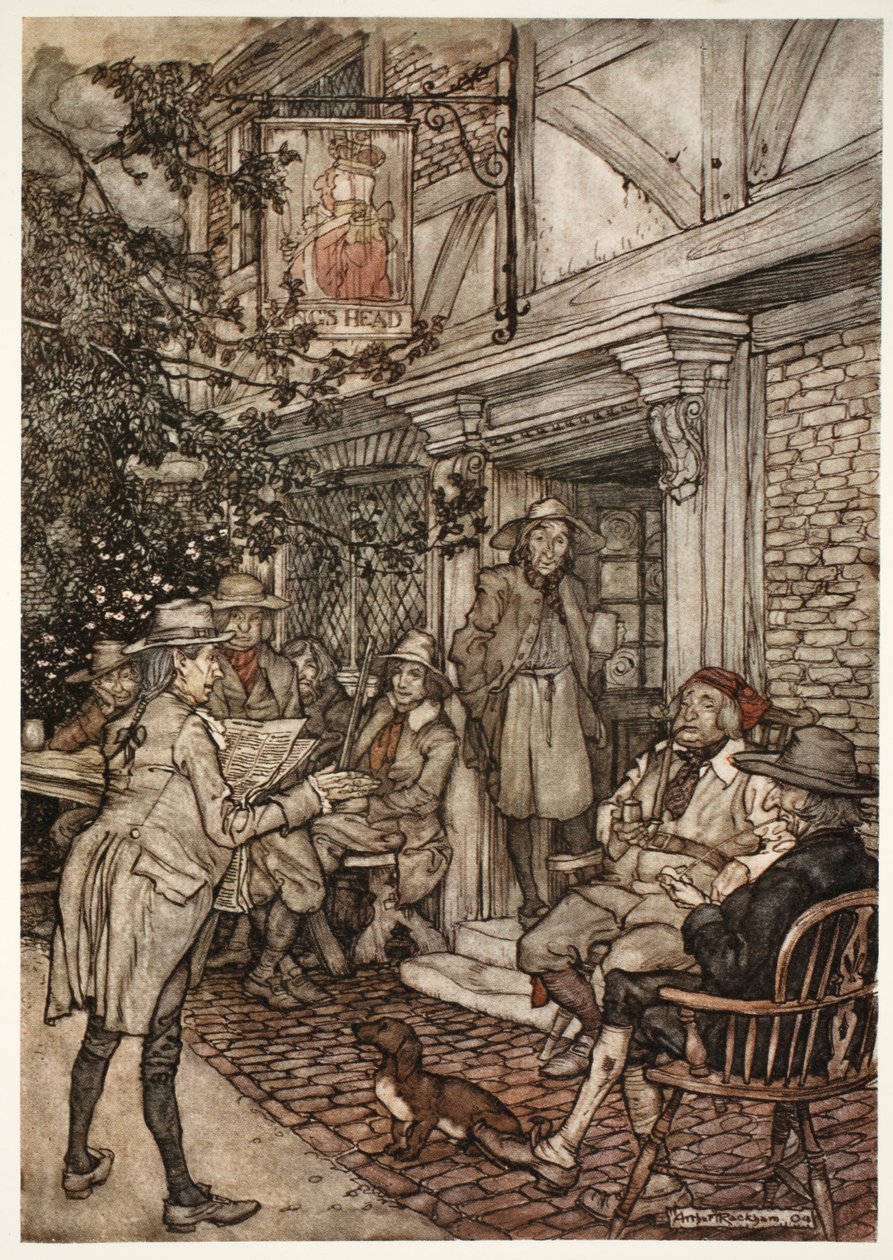 Han plejede at trøste sig selv ved at besøge en slags evig klub af vismænd, filosoffer og andre ledige personer, som holdt sine sessioner foran en lille kro., fra Rip Van Winkle af Washington af Arthur Rackham