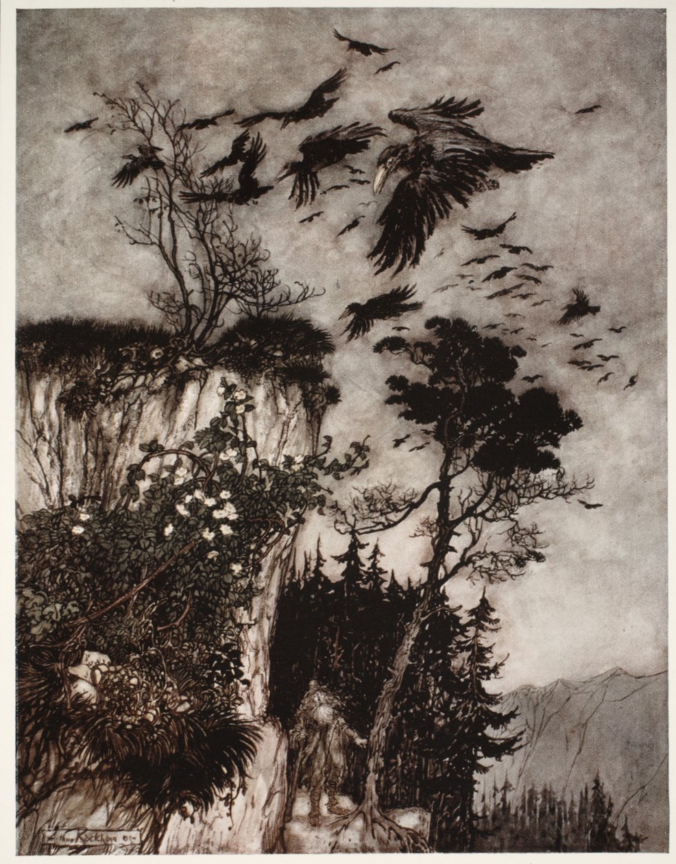 Han blev kun besvaret af en flok dovne krager.", fra Rip Van Winkle af Washington Irving, pub. 1910 af Arthur Rackham