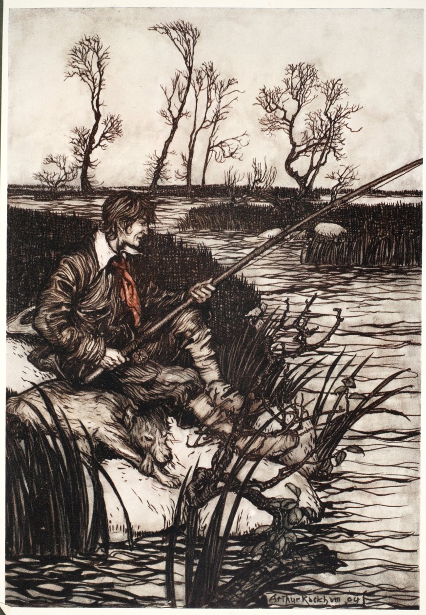 Han sad på en våd sten og fiskede hele dagen., fra Rip Van Winkle af Washington Irving, pub. 1910 af Arthur Rackham