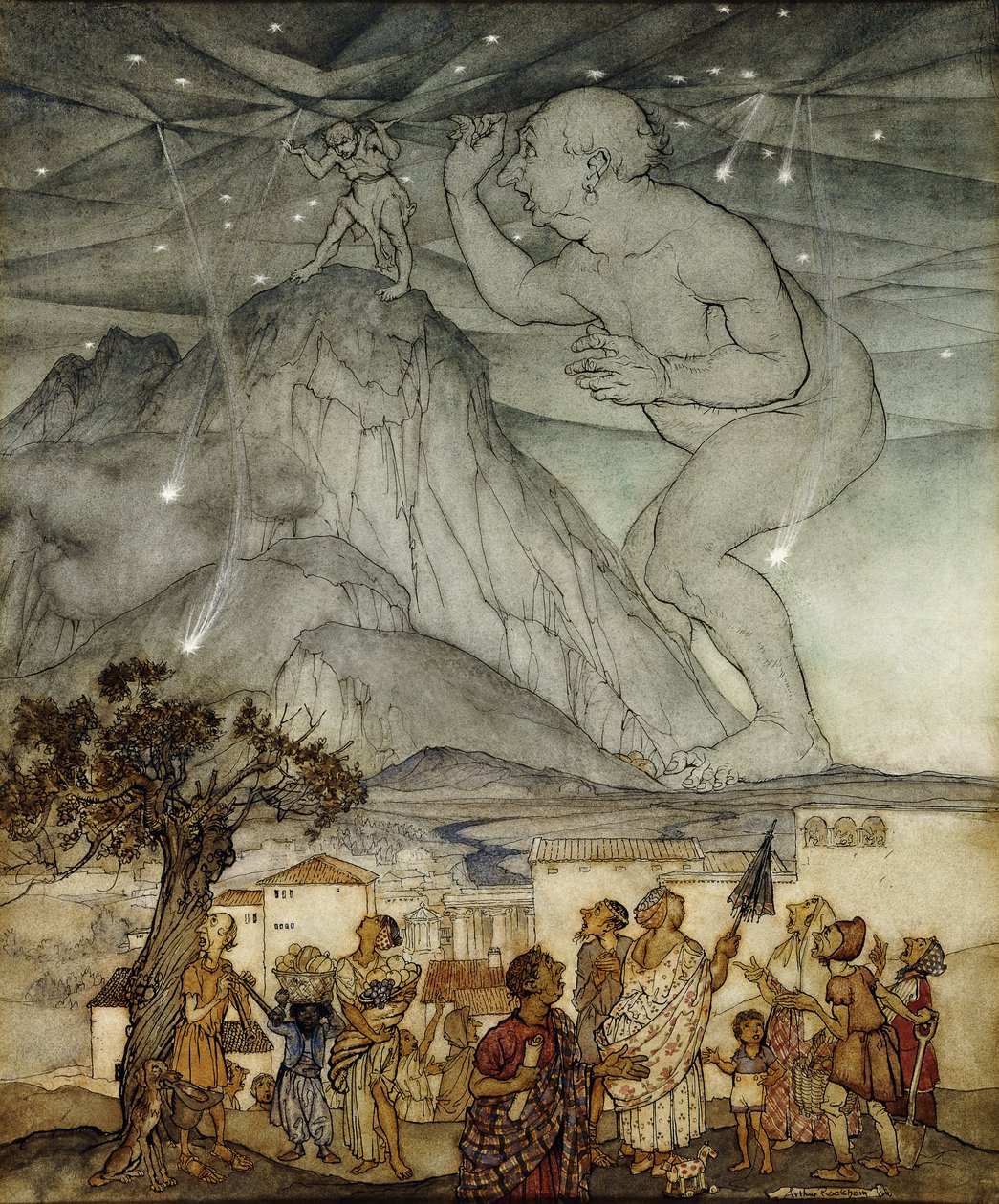Hercules støtter himlen i stedet for Atlas, 1922 af Arthur Rackham