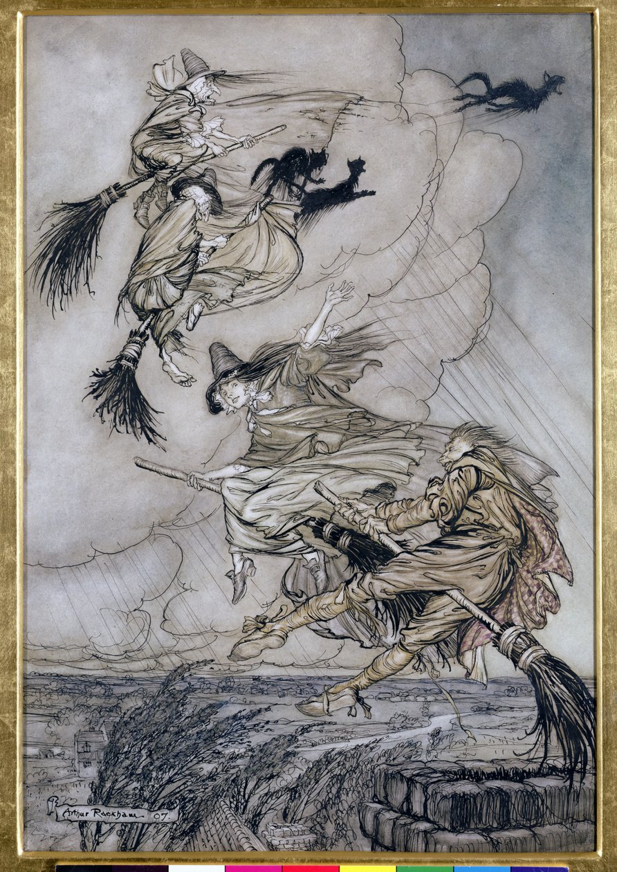 Hej! Op ad skorstenen Lass! Hey After you!, illustration i The Ingoldsby Legends of Mirth and Marvels, 1907 (pen & blæk med wc på papir) af Arthur Rackham