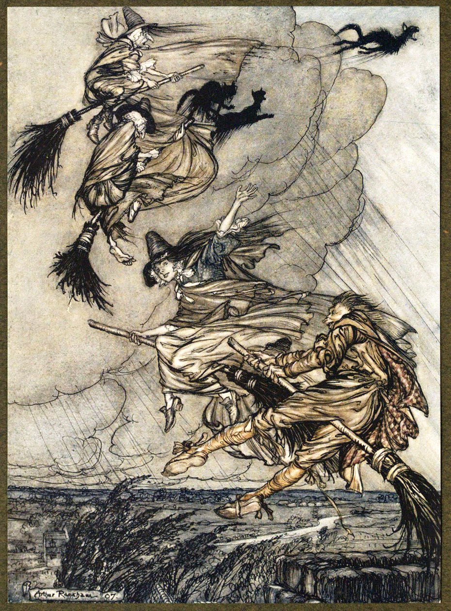 Hej! Op ad skorstenen, pige! Hej, efter dig!, fra The Ingoldsby Legends, pub. 1907 af Arthur Rackham