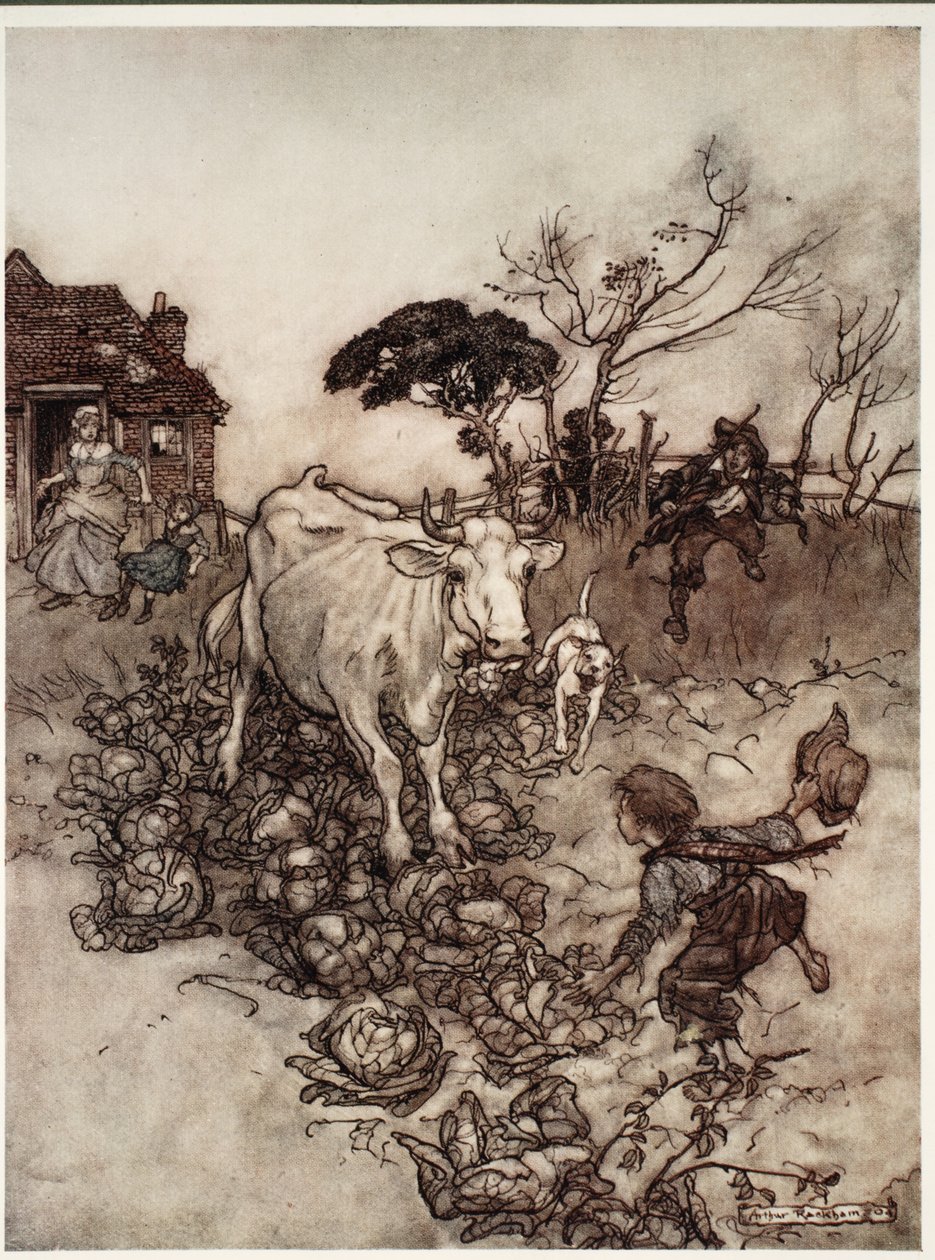 Hans ko ville gå på afveje eller komme blandt kålene., fra Rip Van Winkle af Washington Irving, pub. 1910 af Arthur Rackham