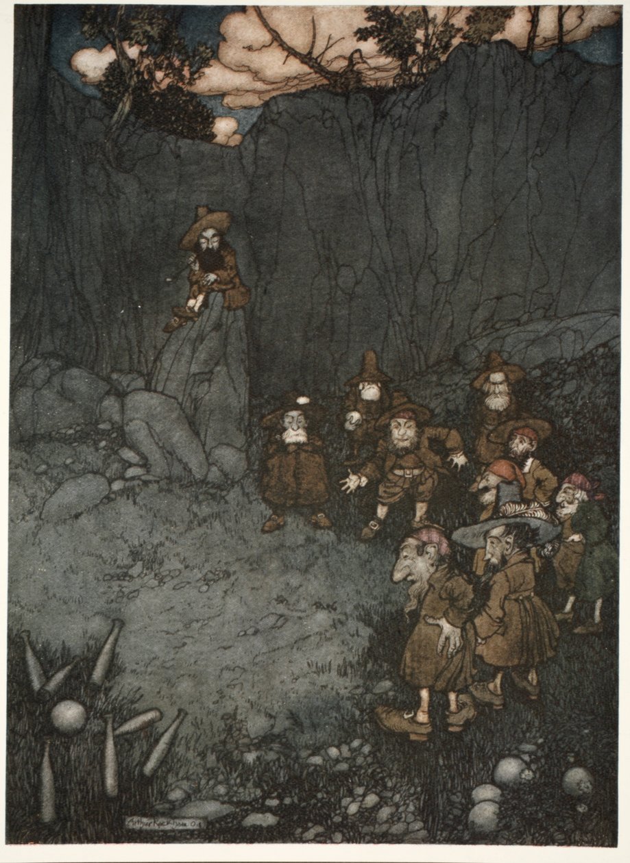 Hans far havde set dem i deres gamle hollandske kjoler spille på nipins., fra Rip Van Winkle ved Washington Irving, pub. 1910 af Arthur Rackham