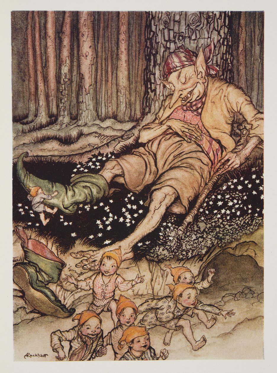 Hop-o-my-thumb gik blødt op til Ogre og trak sine syv-liga-støvler af, fra The Arthur Rackham Fairy Book, pub. 1933 af Arthur Rackham