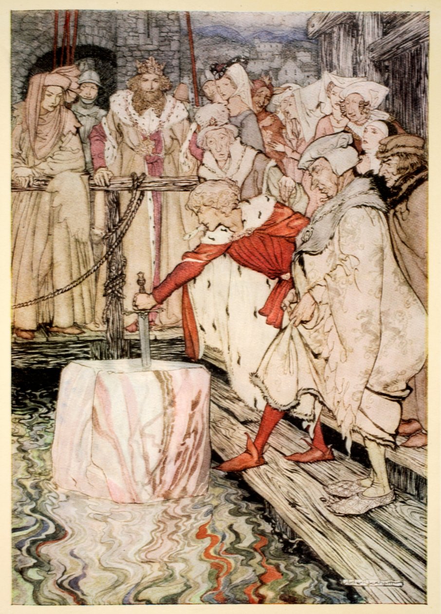 Hvordan Galahad trak sværdet ud af den flydende sten i Camelot, illustration fra "The romance of King Arthur and his knights of the Round Table" af Alfred W. Pollard, 1910 af Arthur Rackham