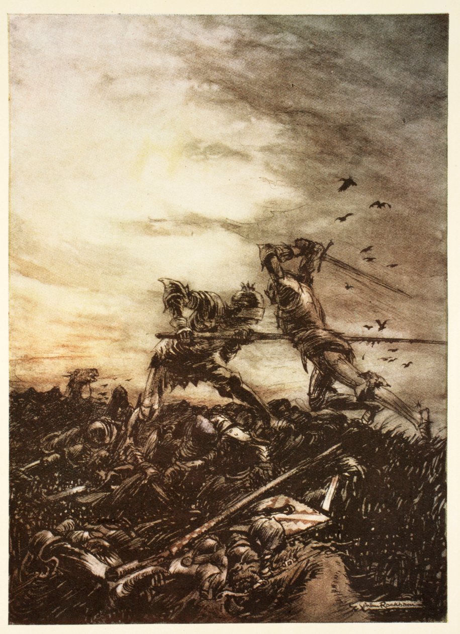 Hvordan Mordred blev dræbt af Arthur, og hvordan Arthur blev såret til døden af ham, illustration fra Alfred Pollards 