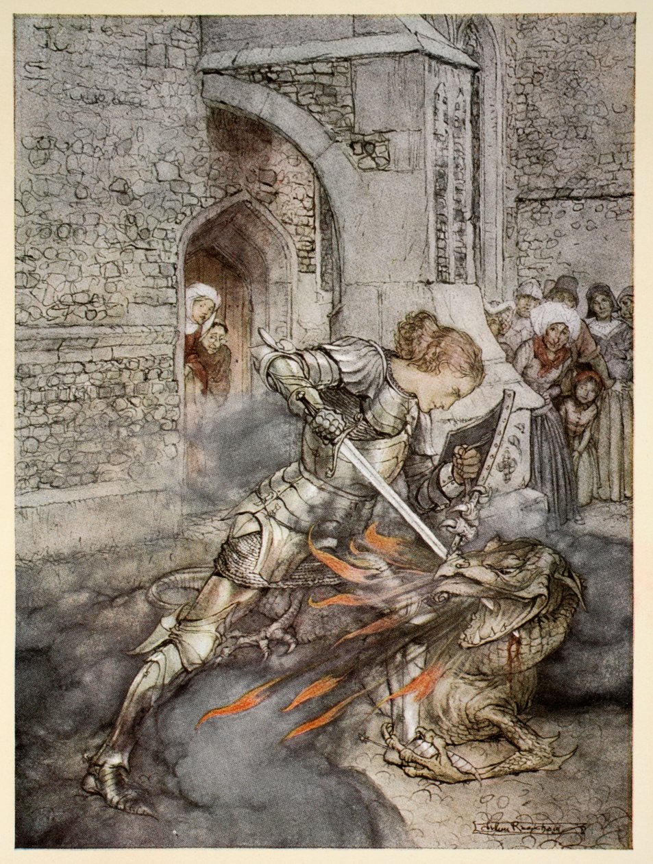 Hvordan Sir Lancelot kæmpede med en venlig drage, illustration fra 
