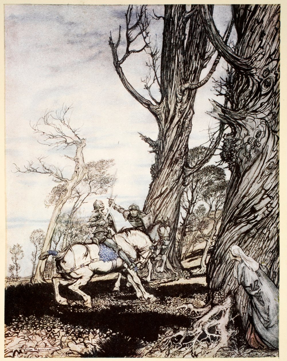 Hvordan Sir Launcelot dræbte ridderen Sir Peris de Forest Savage, der gjorde damer, damosels og gentlewomwen nød, illustration fra 