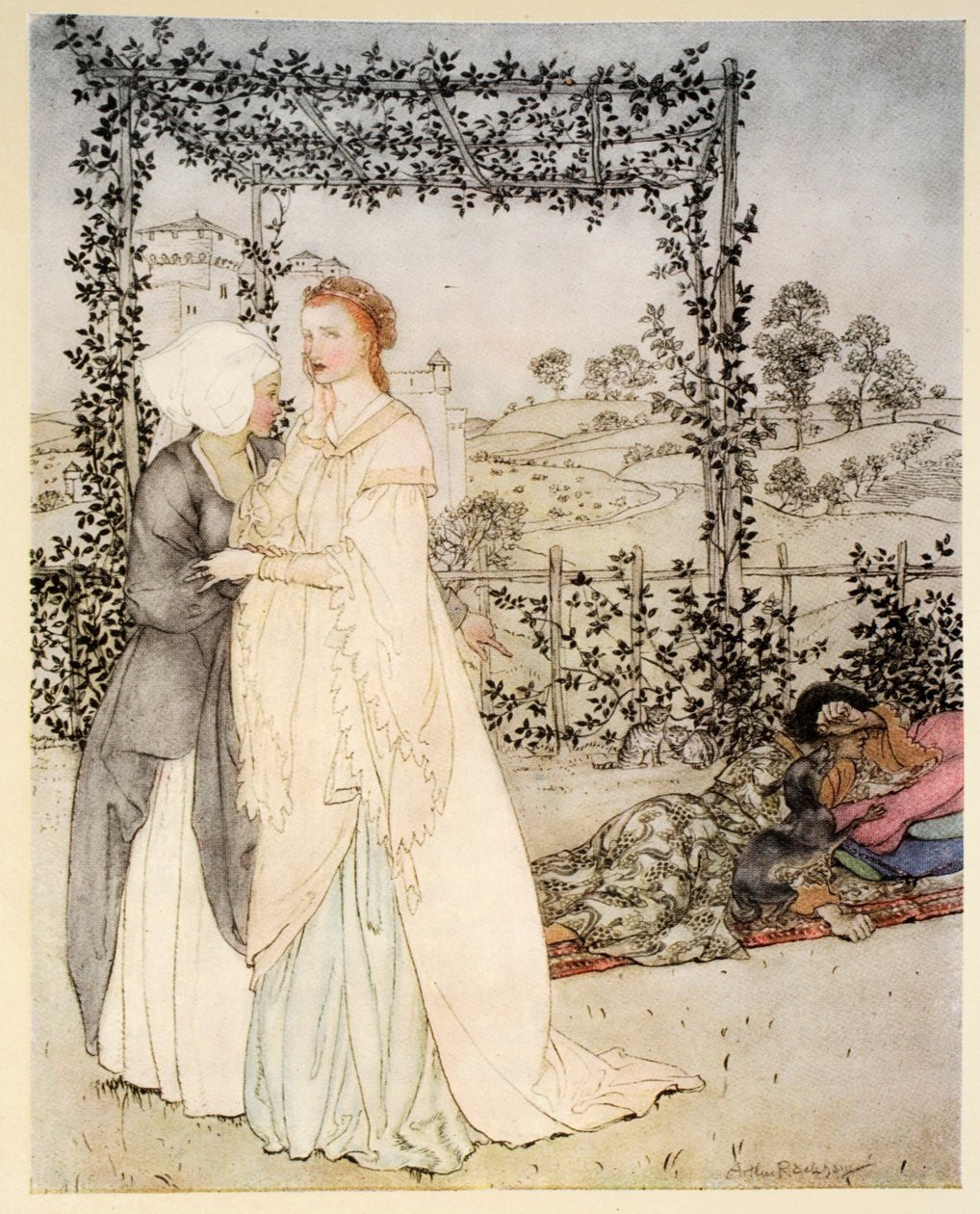 Hvordan Tristram blev kendt af den lille brachet i haven på kong Marks slot, illustration fra "The romance of King Arthur and his ridders of the Round Table" af Alfred W. Pollard, 1910 (farve l af Arthur Rackham