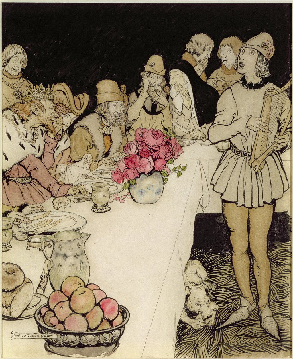 Hvordan til en stor fest, som kong Mark lavede, kom harperen Eliot og sang det læg, som Dinadan havde lavet (pen & blæk, wc) af Arthur Rackham